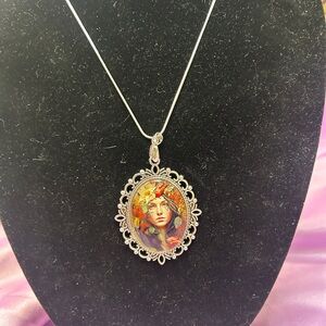 Artistic Autumn Portrait Silver-Tone Pendant Necklace - Orange, Red, Purple